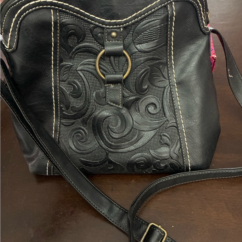 b.o.c. Black Embossed Leather Crossbody with Brass Ring Accent